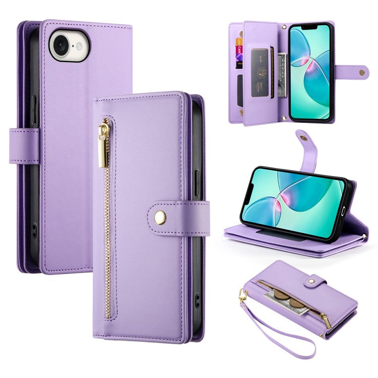 DF-011 For iPhone 16e Case Zipper Wallet PU Leather Crossbody Phone Bag - Purple