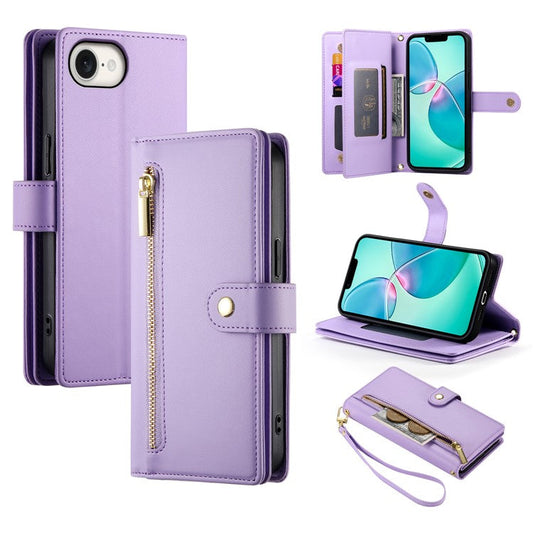 DF-011 For iPhone 16e Case Zipper Wallet PU Leather Crossbody Phone Bag - Purple