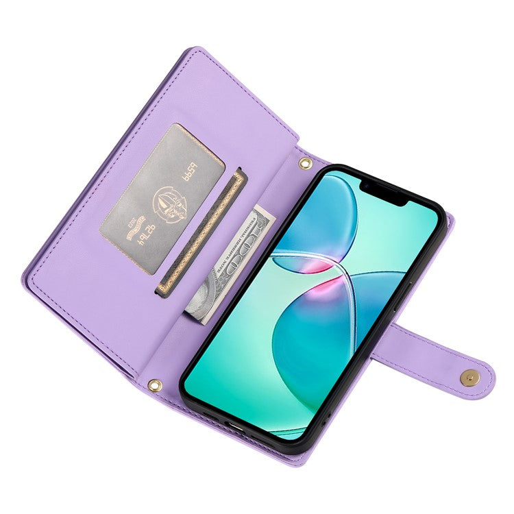 DF-011 For iPhone 16e Case Zipper Wallet PU Leather Crossbody Phone Bag - Purple