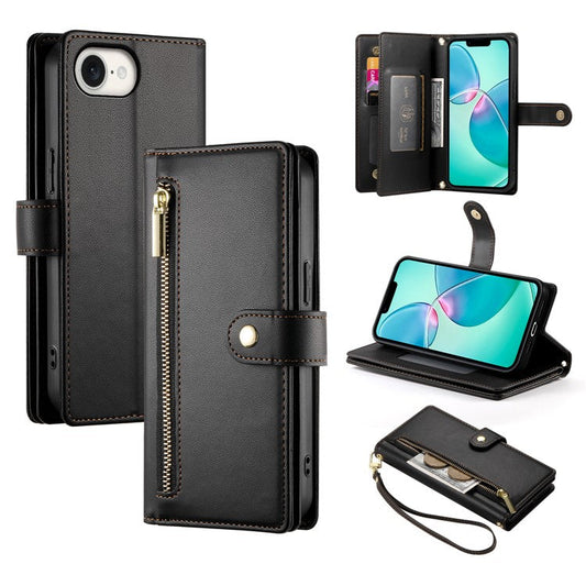 DF-011 For iPhone 16e Case Zipper Wallet PU Leather Crossbody Phone Bag - Black