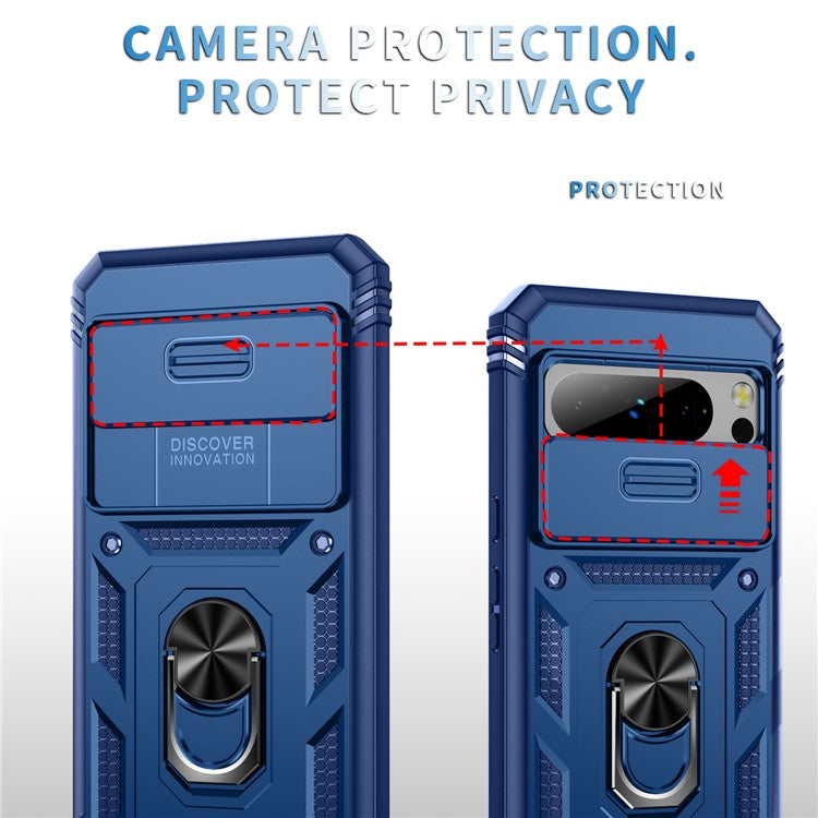 For Google Pixel 8 Pro Case Camshield Ring Holder Kickstand TPU+PC Phone Cover - Blue