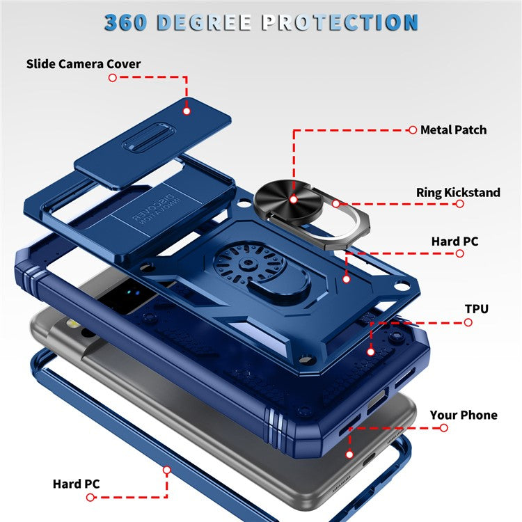 For Google Pixel 8 Pro Case Camshield Ring Holder Kickstand TPU+PC Phone Cover - Blue