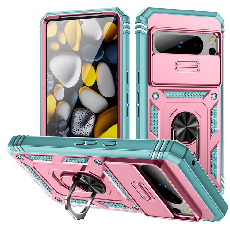 For Google Pixel 8 Pro Case Camshield Ring Holder Kickstand TPU+PC Phone Cover - Pink+Green