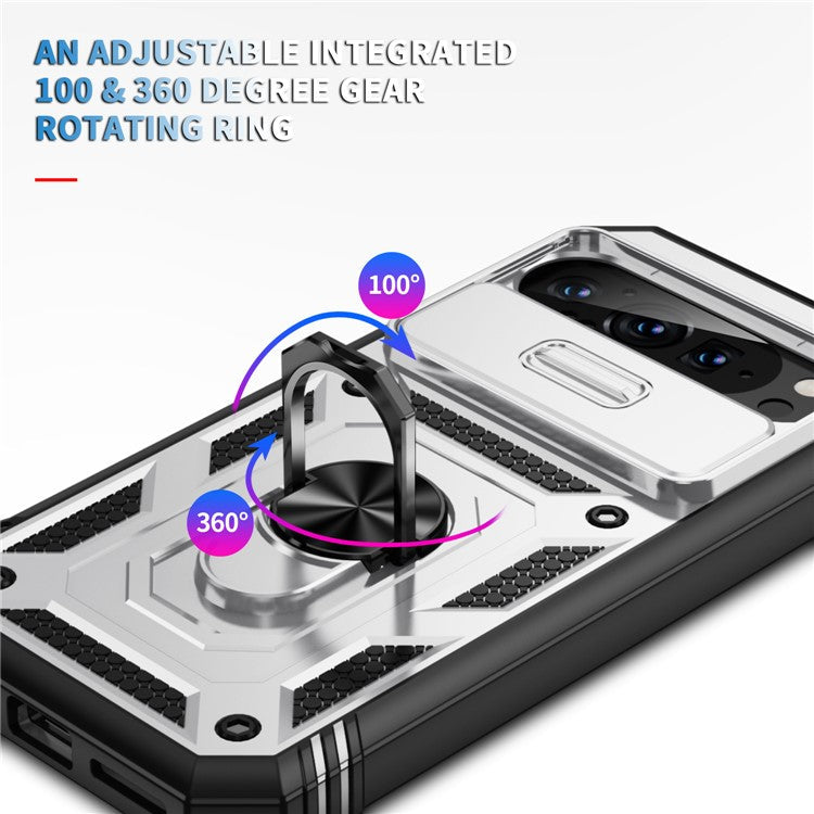 For Google Pixel 9 Pro XL Case Slide Lens Cover Kickstand TPU+PC Phone Protector - White