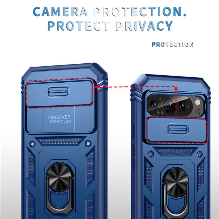 For Google Pixel 9 Pro XL Case Slide Lens Cover Kickstand TPU+PC Phone Protector - Blue