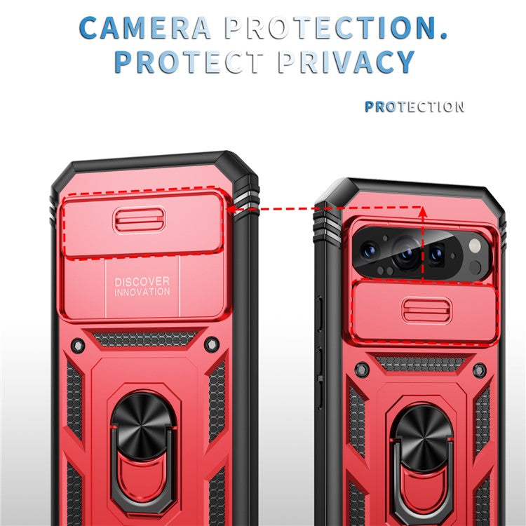 For Google Pixel 9 Pro XL Case Slide Lens Cover Kickstand TPU+PC Phone Protector - Black+Red