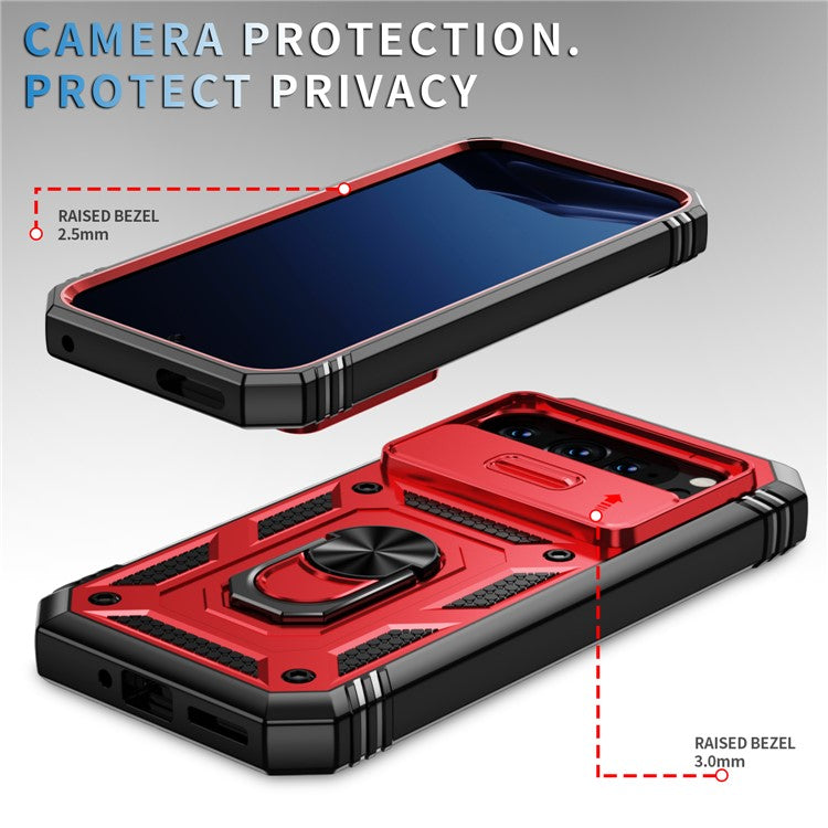 For Google Pixel 9 Pro XL Case Slide Lens Cover Kickstand TPU+PC Phone Protector - Black+Red