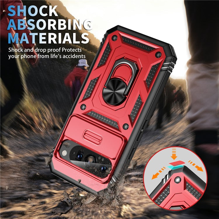 For Google Pixel 9 Pro XL Case Slide Lens Cover Kickstand TPU+PC Phone Protector - Black+Red