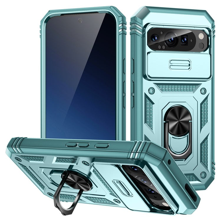 For Google Pixel 9 Pro XL Case Slide Lens Cover Kickstand TPU+PC Phone Protector - Green