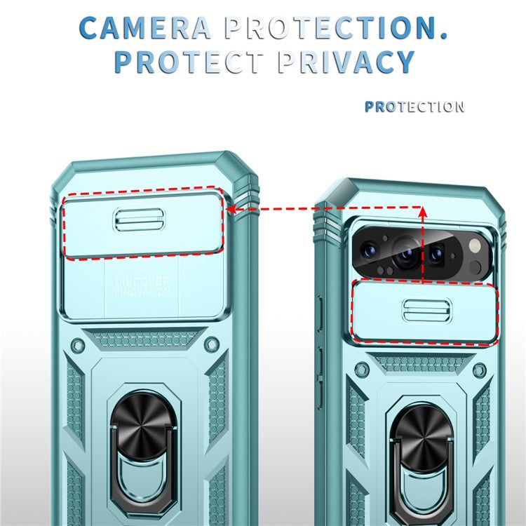 For Google Pixel 9 Pro XL Case Slide Lens Cover Kickstand TPU+PC Phone Protector - Green