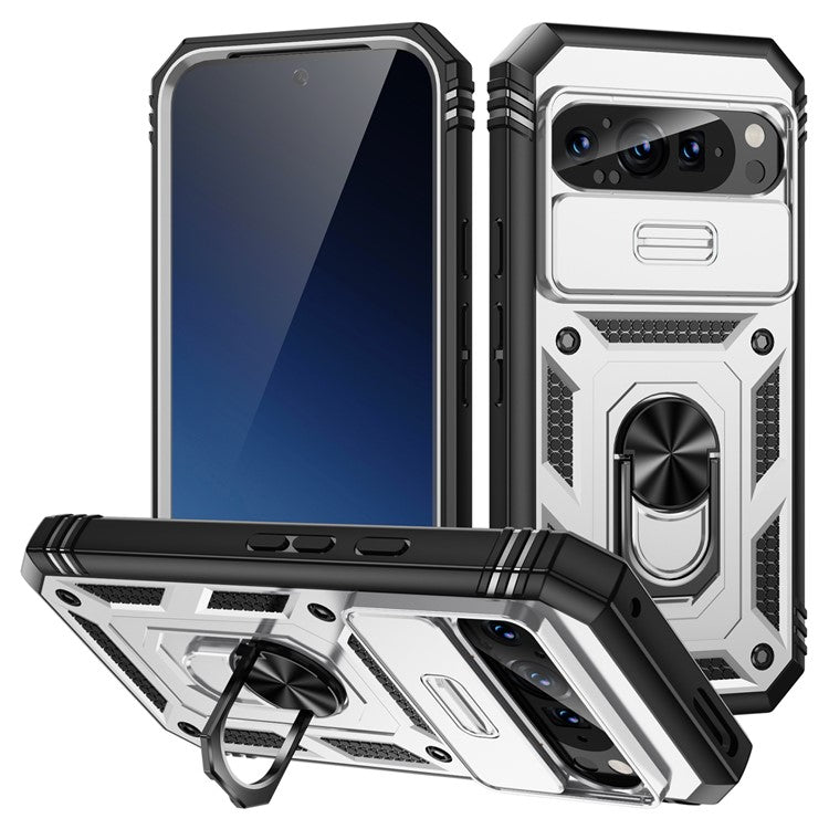 For Google Pixel 9 / Pixel 9 Pro Case Camshield Rotary Kickstand TPU+PC Phone Cover - White