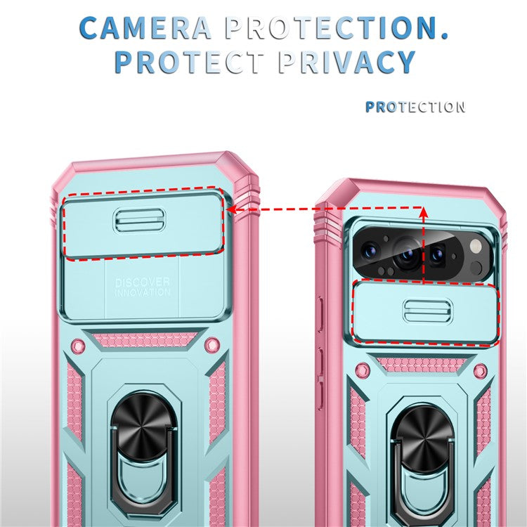 For Google Pixel 9 / Pixel 9 Pro Case Camshield Rotary Kickstand TPU+PC Phone Cover - Green+Pink