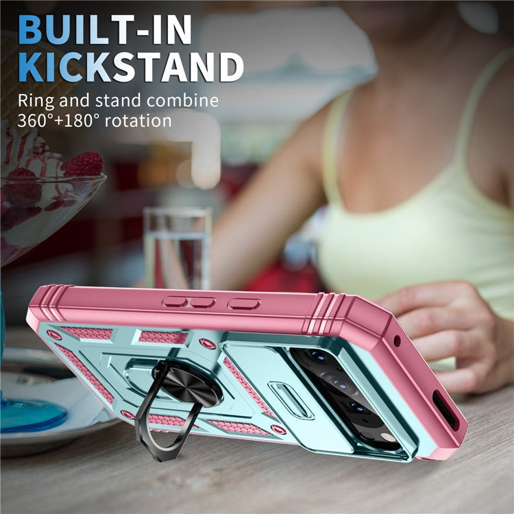 For Google Pixel 9 / Pixel 9 Pro Case Camshield Rotary Kickstand TPU+PC Phone Cover - Green+Pink