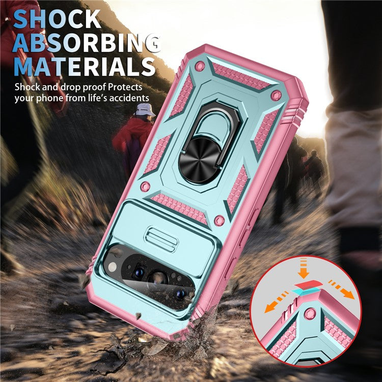 For Google Pixel 9 / Pixel 9 Pro Case Camshield Rotary Kickstand TPU+PC Phone Cover - Green+Pink