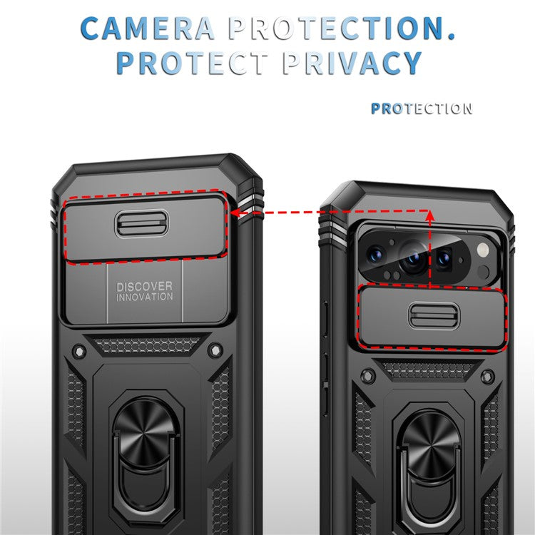 For Google Pixel 9 / Pixel 9 Pro Case Camshield Rotary Kickstand TPU+PC Phone Cover - Black