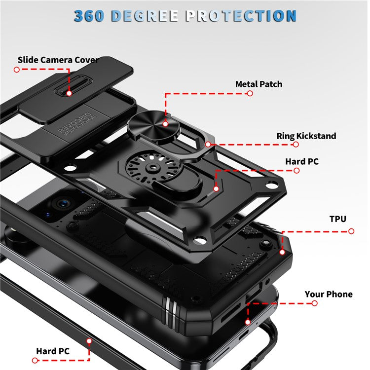 For Google Pixel 9 / Pixel 9 Pro Case Camshield Rotary Kickstand TPU+PC Phone Cover - Black