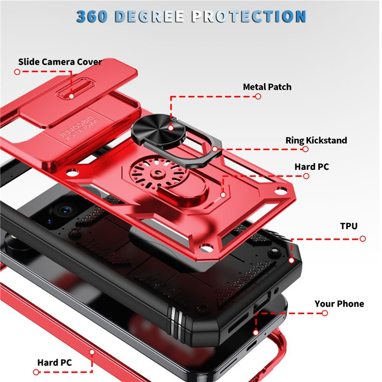 For Google Pixel 9 / Pixel 9 Pro Case Camshield Rotary Kickstand TPU+PC Phone Cover - Black+Red