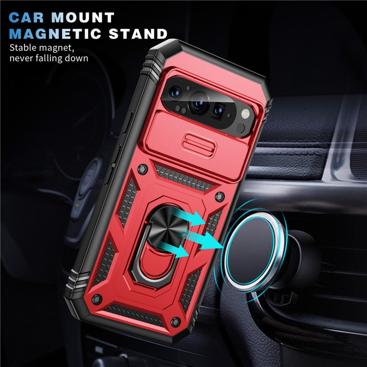 For Google Pixel 9 / Pixel 9 Pro Case Camshield Rotary Kickstand TPU+PC Phone Cover - Black+Red