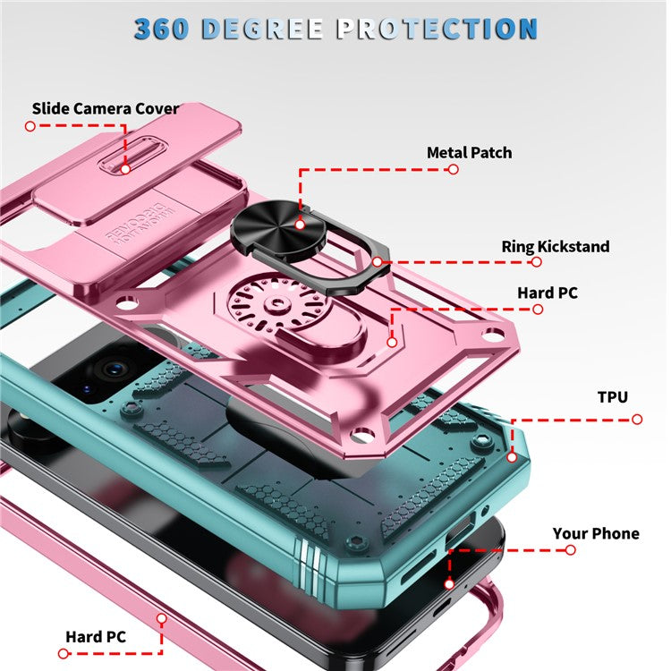 For Google Pixel 9 / Pixel 9 Pro Case Camshield Rotary Kickstand TPU+PC Phone Cover - Pink+Green