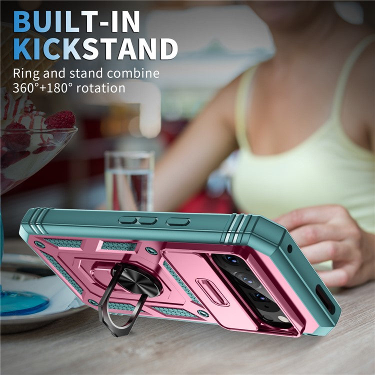 For Google Pixel 9 / Pixel 9 Pro Case Camshield Rotary Kickstand TPU+PC Phone Cover - Pink+Green