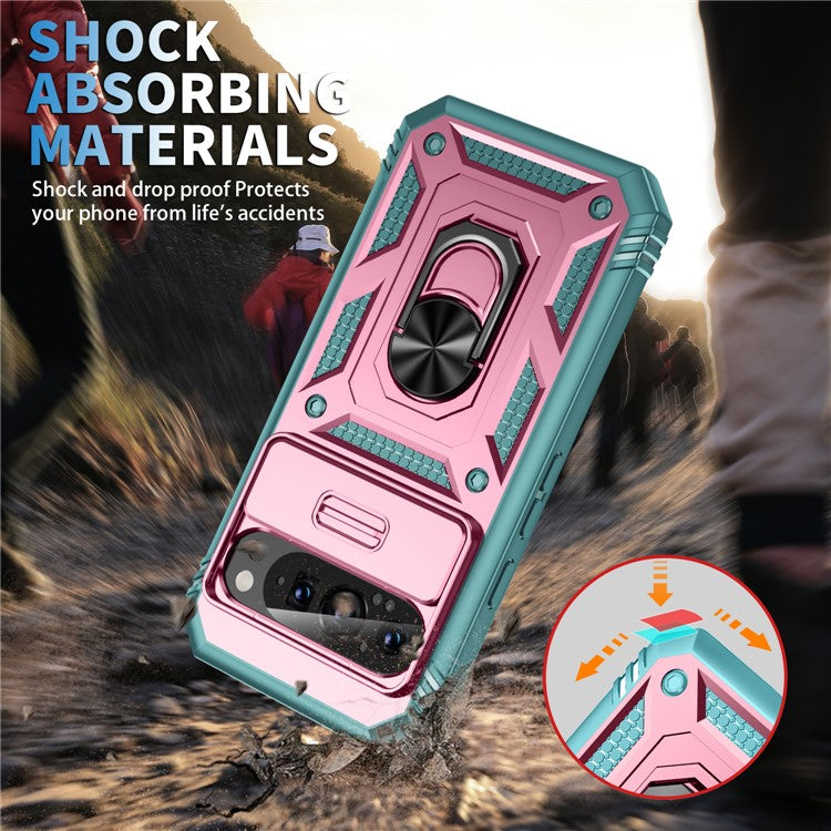 For Google Pixel 9 / Pixel 9 Pro Case Camshield Rotary Kickstand TPU+PC Phone Cover - Pink+Green