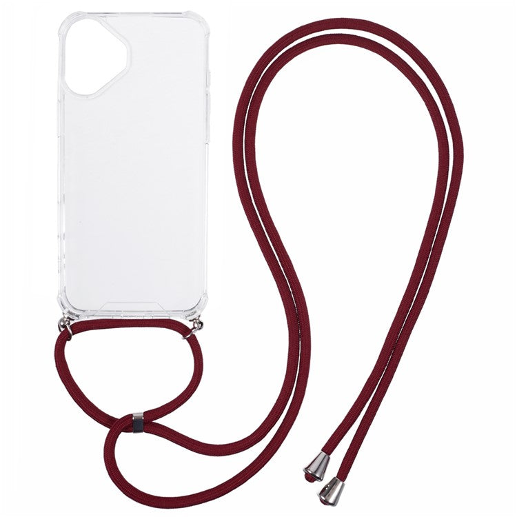 For iPhone 16 Plus Clear Case Acrylic + TPU Corners Shockproof Phone Cover with Lanyard - Jujube Red