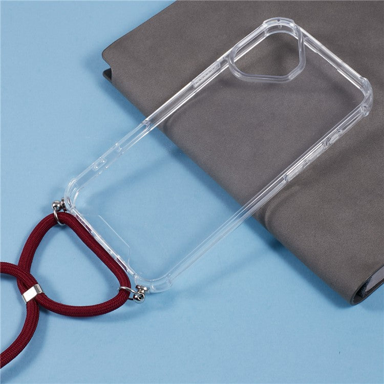 For iPhone 16 Plus Clear Case Acrylic + TPU Corners Shockproof Phone Cover with Lanyard - Jujube Red
