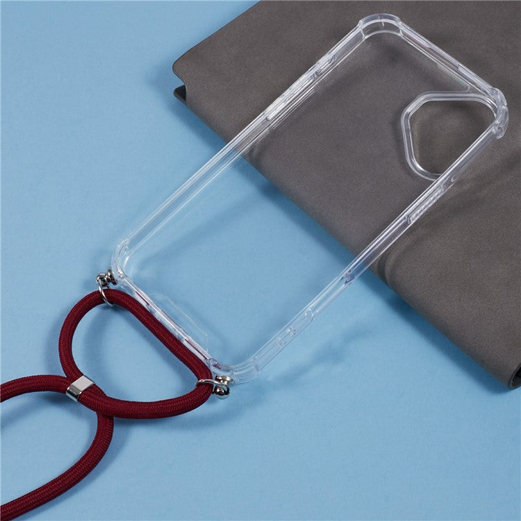 For iPhone 16 Plus Clear Case Acrylic + TPU Corners Shockproof Phone Cover with Lanyard - Jujube Red