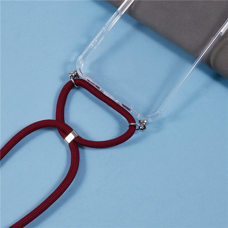 For iPhone 16 Plus Clear Case Acrylic + TPU Corners Shockproof Phone Cover with Lanyard - Jujube Red