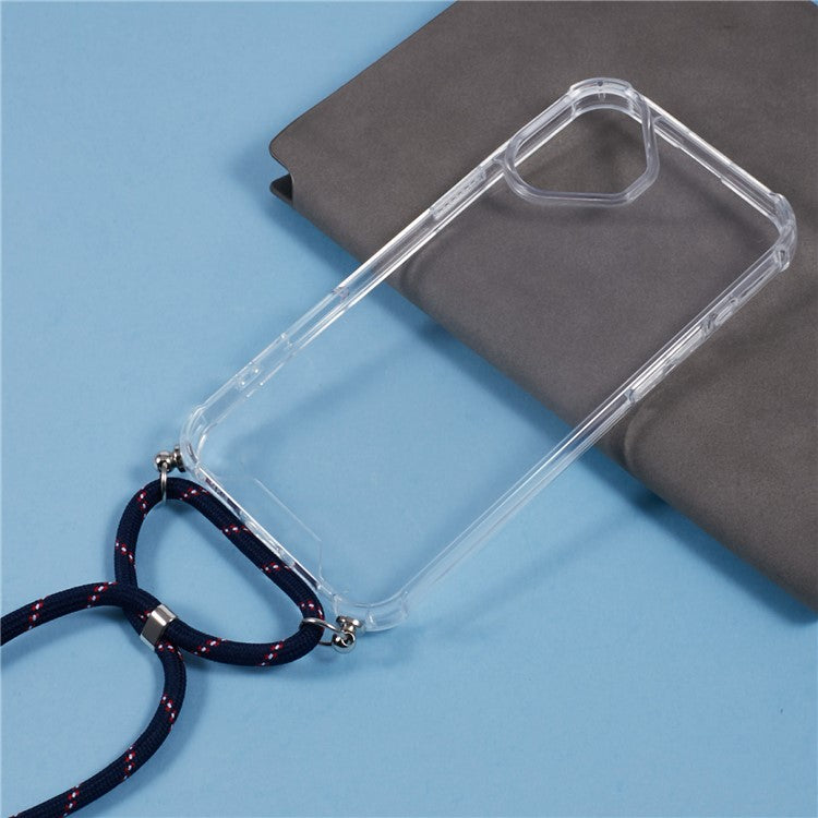 For iPhone 16 Plus Clear Case Acrylic + TPU Corners Shockproof Phone Cover with Lanyard - Blue+Red