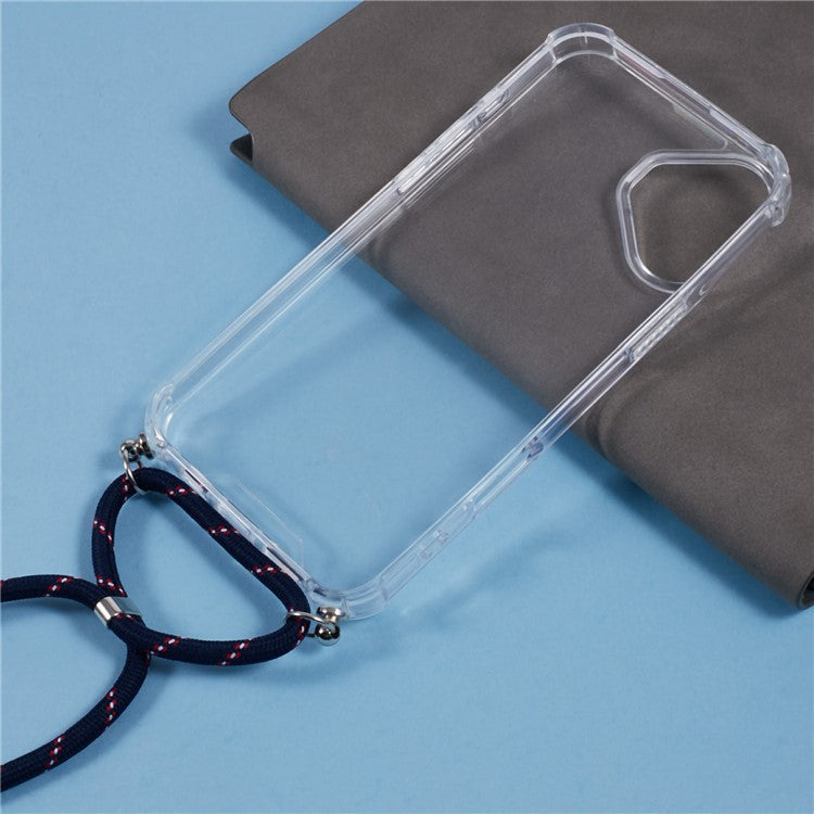 For iPhone 16 Plus Clear Case Acrylic + TPU Corners Shockproof Phone Cover with Lanyard - Blue+Red