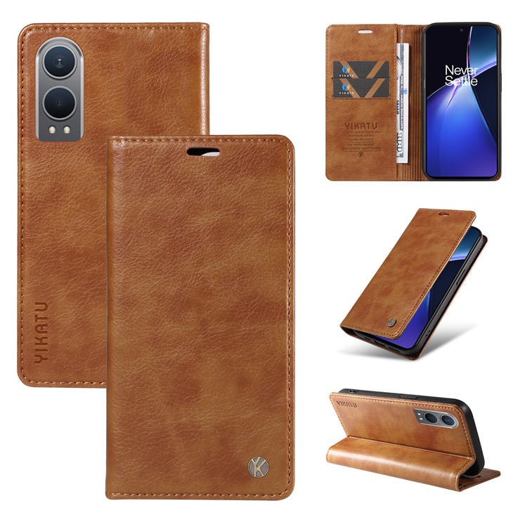 YIKATU YK-006 For OnePlus Nord CE4 Lite 5G / Oppo K12x 5G (China) Case Folio Magnetic Closure Leather Phone Cover - Brown