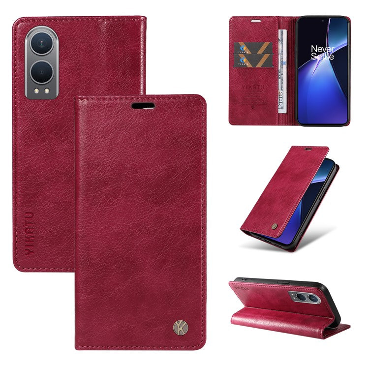 YIKATU YK-006 For OnePlus Nord CE4 Lite 5G / Oppo K12x 5G (China) Case Folio Magnetic Closure Leather Phone Cover - Wine Red