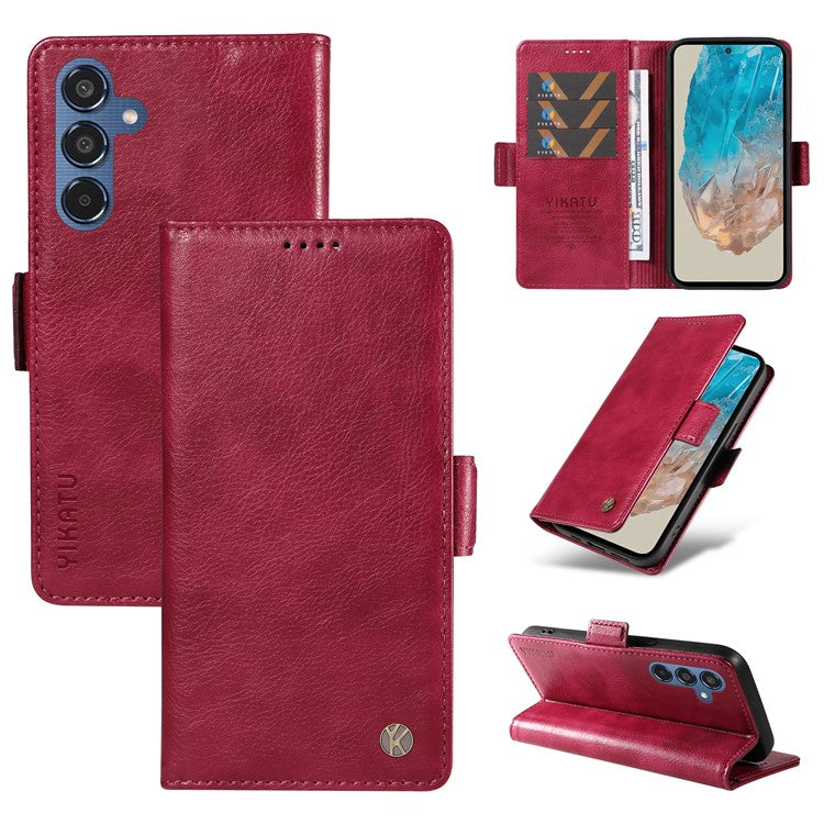 YIKATU YK-007 For Samsung Galaxy M35 5G Case Card Holder Litchi Texture Leather Phone Cover - Wine Red