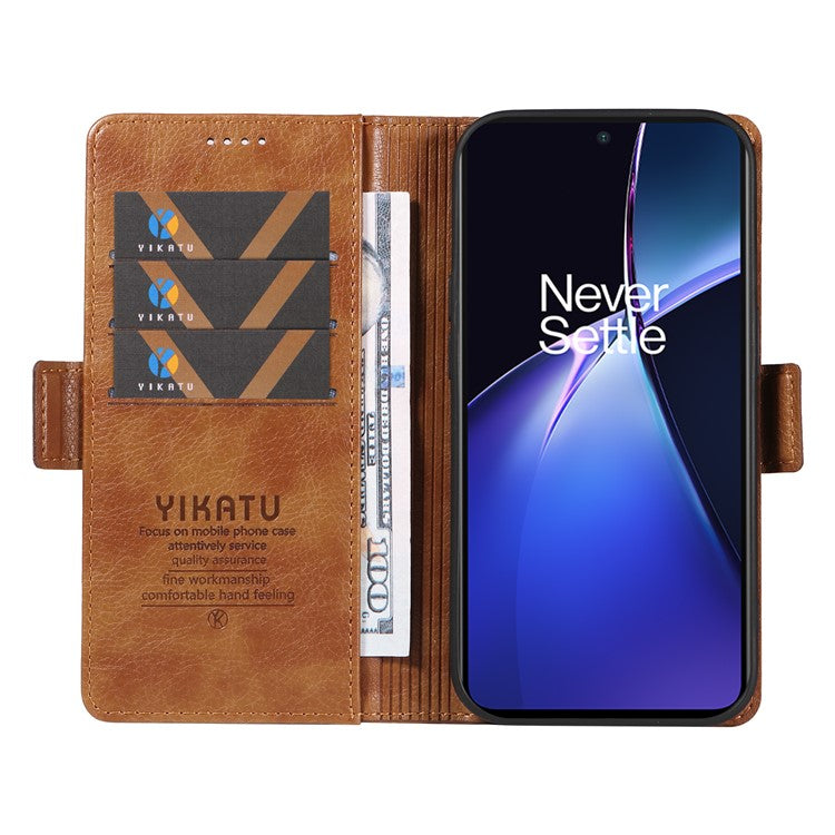 YIKATU YK-007 For OnePlus Nord CE4 Lite 5G / Oppo K12x 5G (China) Wallet Case Litchi Grain Leather Phone Protective Cover - Brown