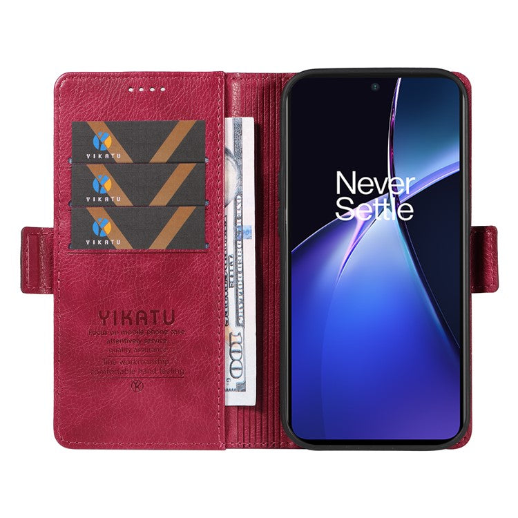 YIKATU YK-007 For OnePlus Nord CE4 Lite 5G / Oppo K12x 5G (China) Wallet Case Litchi Grain Leather Phone Protective Cover - Wine Red