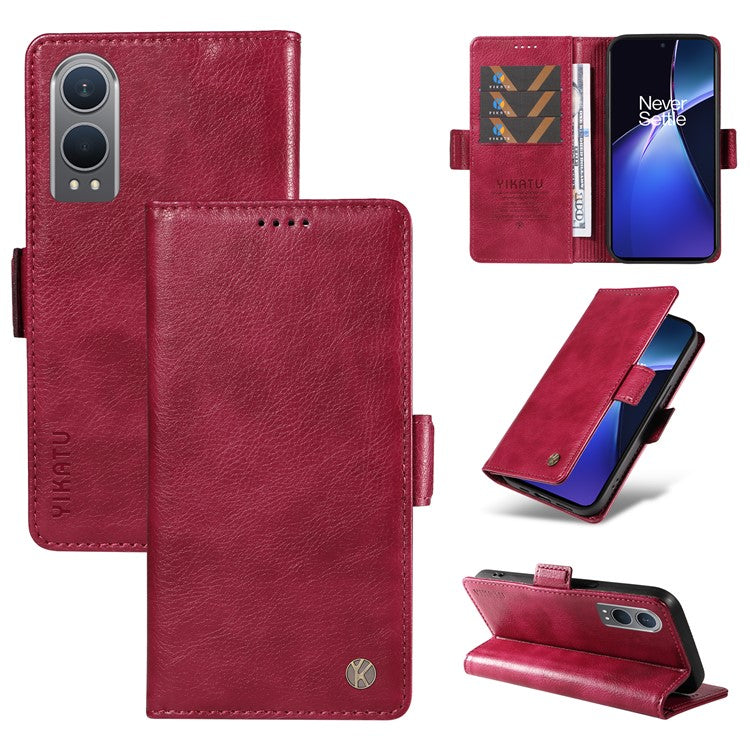 YIKATU YK-007 For OnePlus Nord CE4 Lite 5G / Oppo K12x 5G (China) Wallet Case Litchi Grain Leather Phone Protective Cover - Wine Red