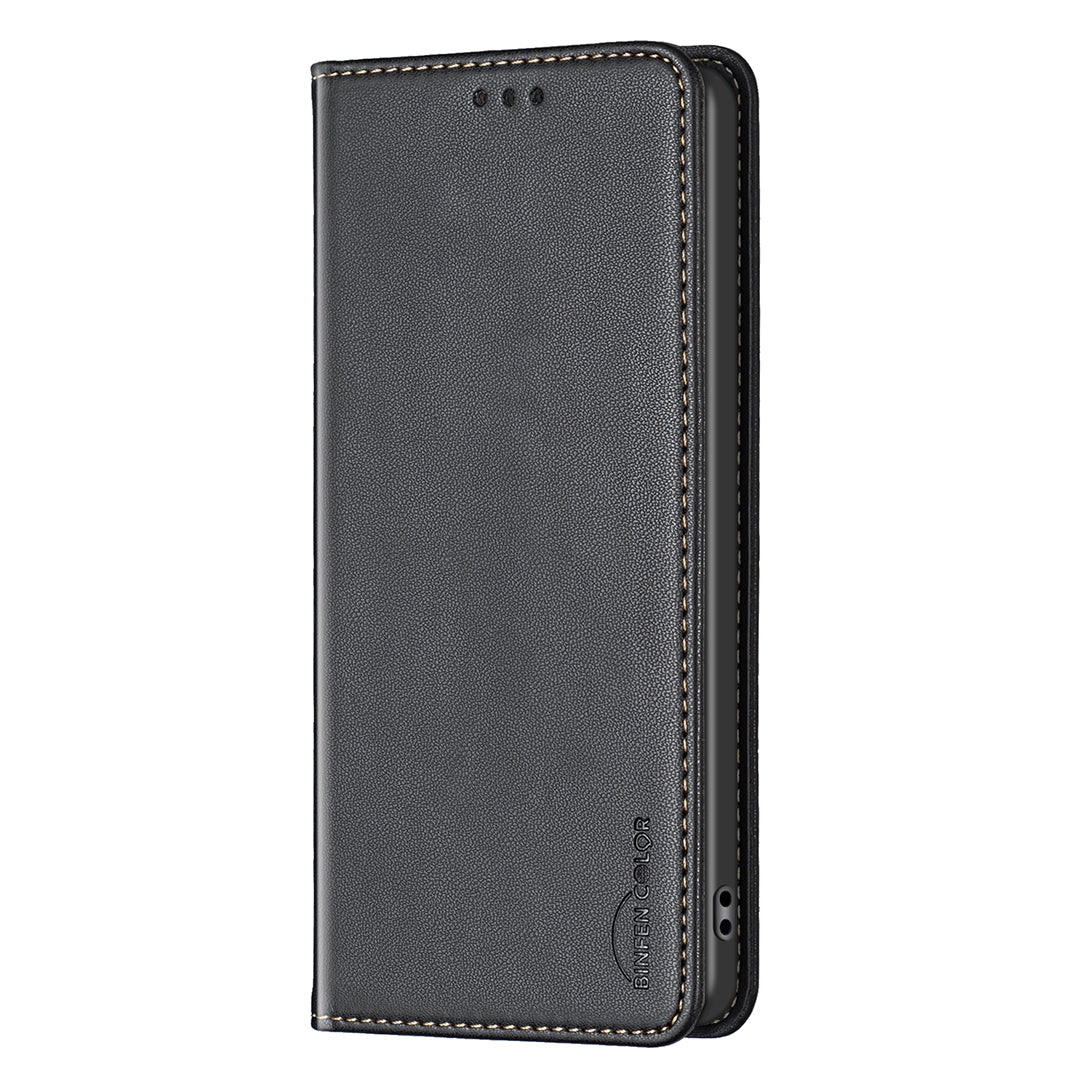 BINFEN COLOR BF18 For Samsung Galaxy A06 Leather Case Card Slots Phone Cover - Black