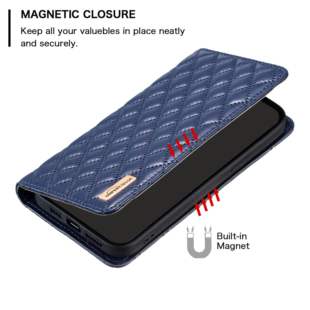 BINFEN COLOR BF Style-16 For Samsung Galaxy A06 Case Card Slots Rhombus Leather Cover - Blue