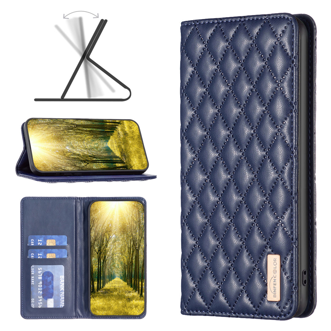 BINFEN COLOR BF Style-16 For Samsung Galaxy A06 Case Card Slots Rhombus Leather Cover - Blue