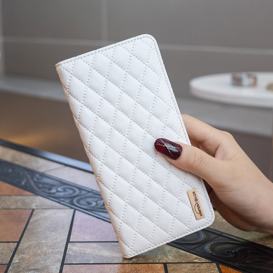 BINFEN COLOR BF Style-16 For Samsung Galaxy A06 Case Card Slots Rhombus Leather Cover - White