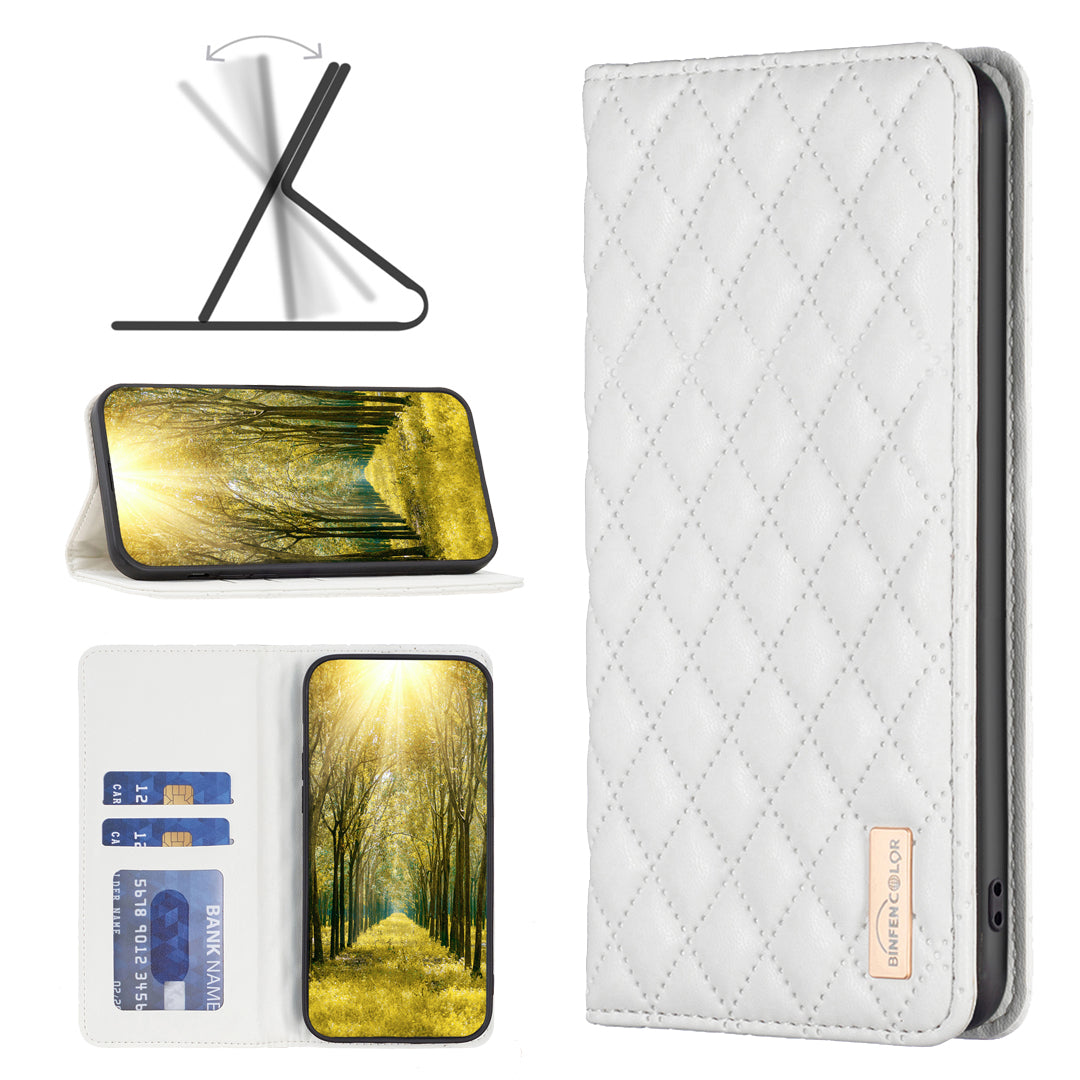 BINFEN COLOR BF Style-16 For Samsung Galaxy A06 Case Card Slots Rhombus Leather Cover - White