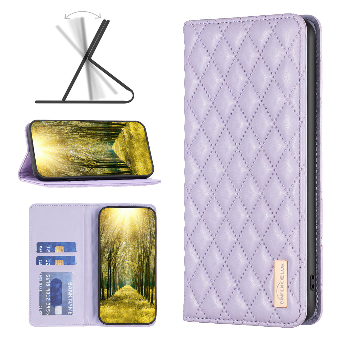 BINFEN COLOR BF Style-16 For Samsung Galaxy A06 Case Card Slots Rhombus Leather Cover - Purple