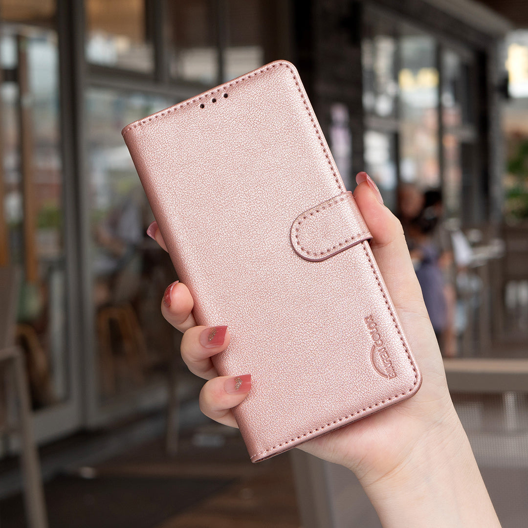 BINFEN COLOR BF32 For Samsung Galaxy A06 Case PU Leather Litchi Texture Phone Cover - Rose Gold
