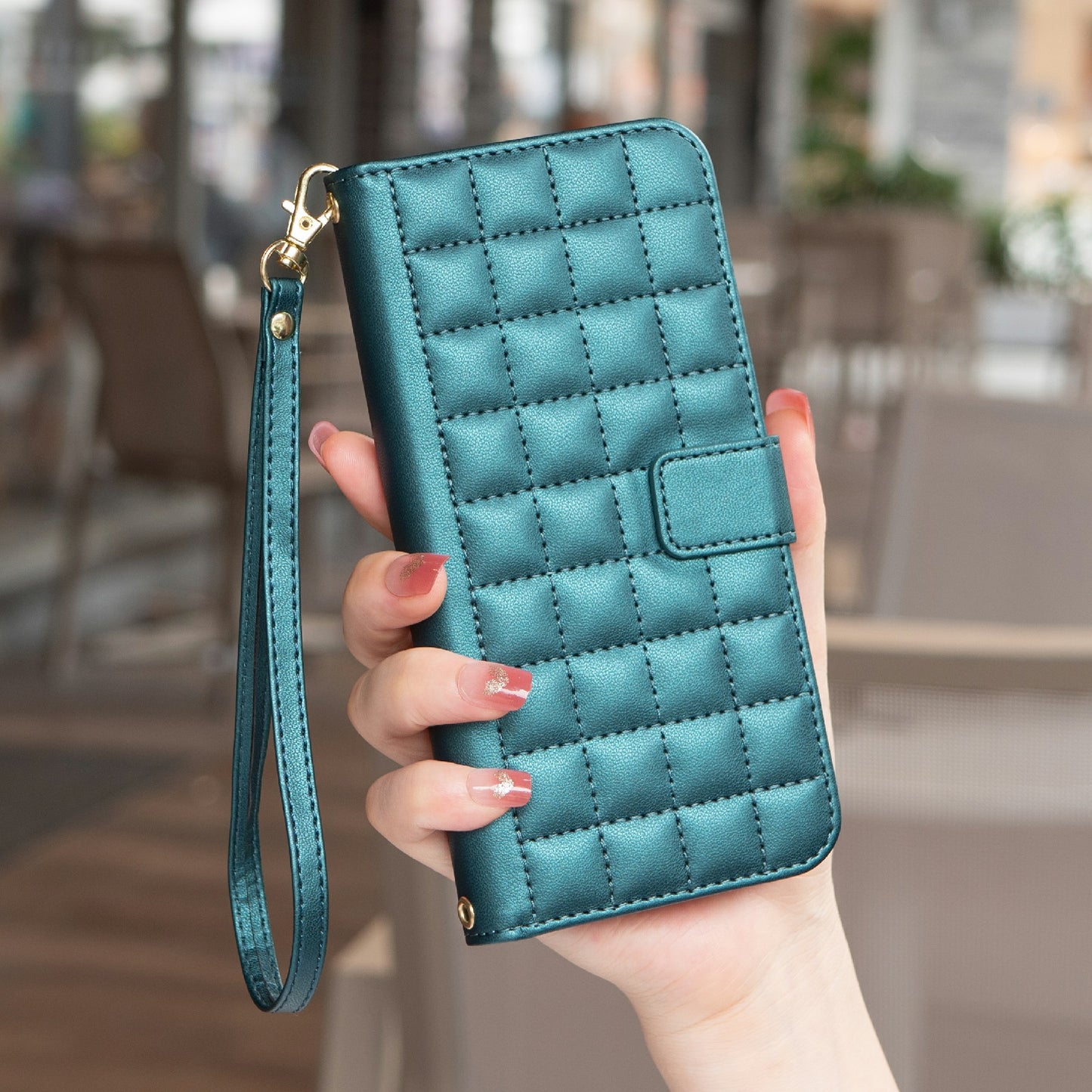 BINFEN COLOR BF34 for Samsung Galaxy A06 Case Wallet PU Leather Cover Square Grid Pattern - Green
