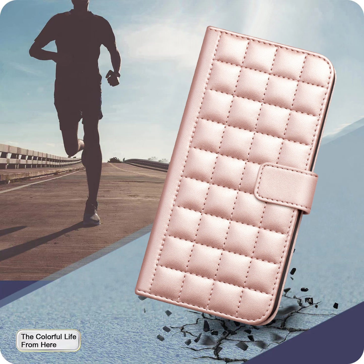 BINFEN COLOR BF34 for Samsung Galaxy A06 Case Wallet PU Leather Cover Square Grid Pattern - Rose Gold