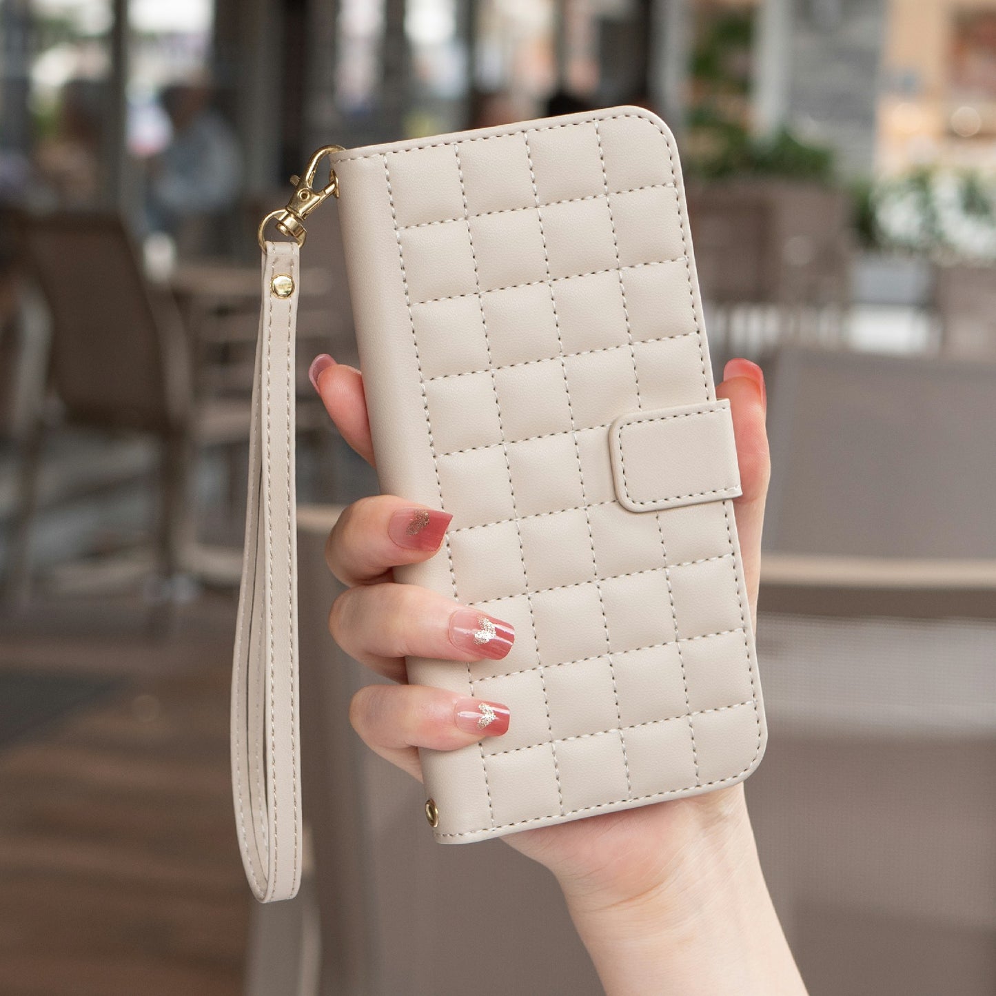 BINFEN COLOR BF34 for Samsung Galaxy A06 Case Wallet PU Leather Cover Square Grid Pattern - Beige
