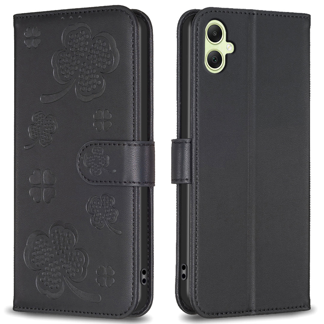 For Samsung Galaxy A06 Case PU Leather Wallet Stand Phone Cover Clover Pattern - Black