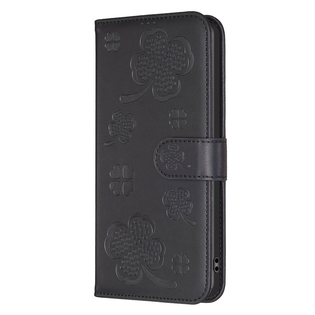 For Samsung Galaxy A06 Case PU Leather Wallet Stand Phone Cover Clover Pattern - Black