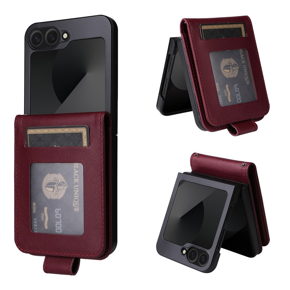 For Samsung Galaxy Z Flip7 FE 5G / Z Flip6 5G Case PU Leather Card Holder Folding Phone Cover - Wine Red